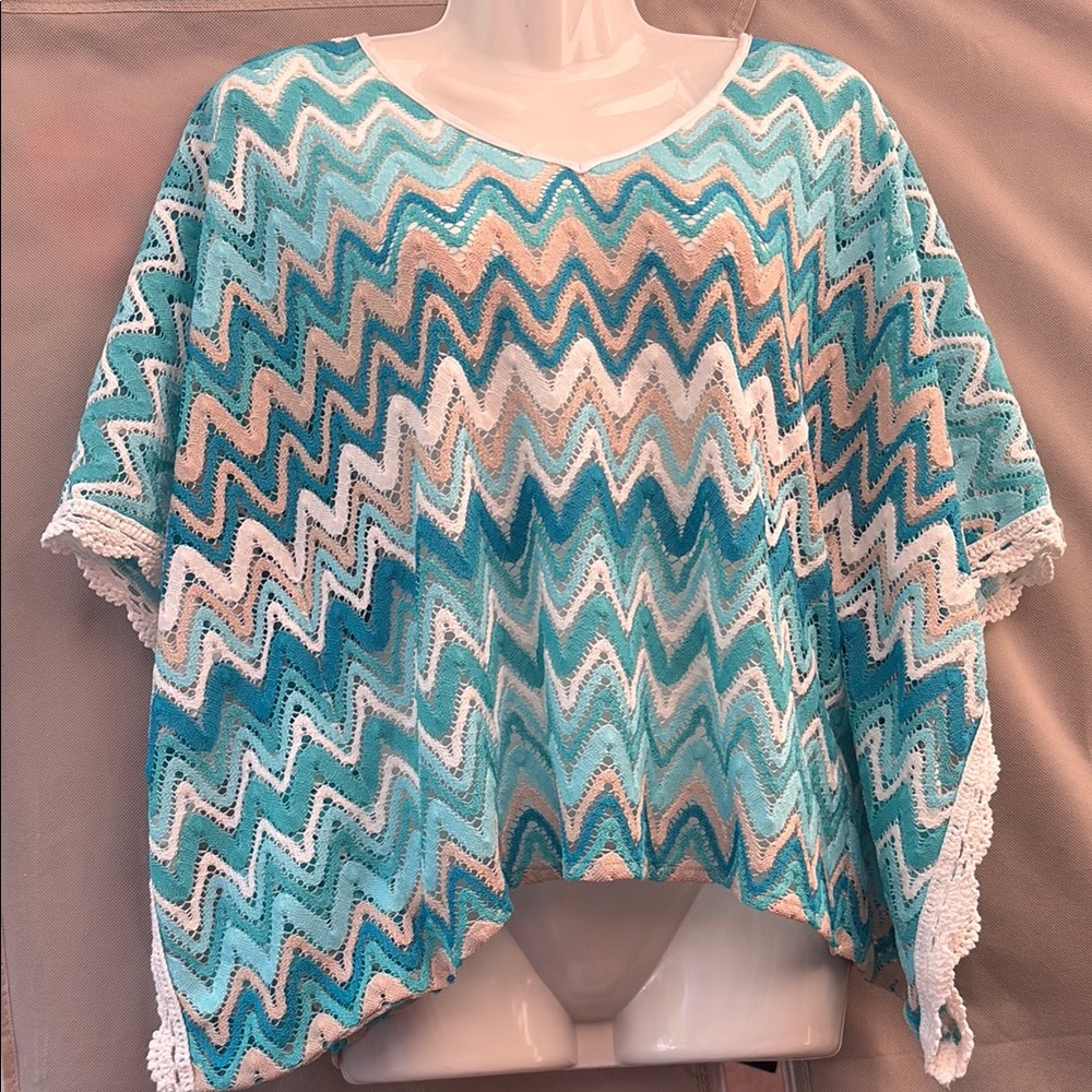 Chevron Knit Poncho in Blue and White